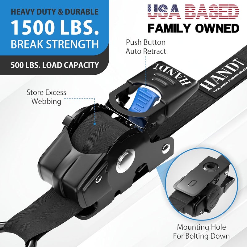 HANDT USA Based Retractable Ratchet Straps (2PK) 1in x 6ft - 1,500lb Break Strength, Heavy Duty Automatic Ratchet Straps Self Retractable Tie Down, Push Button Retracting Truck Trailer Cargo | Black - Image 2